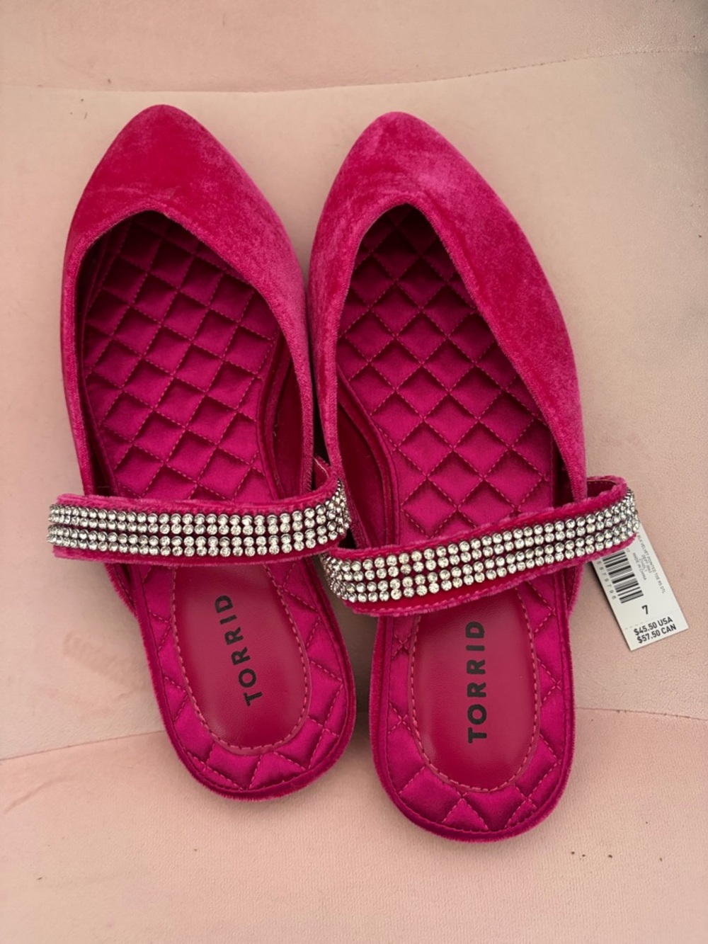 torrid Hot Pink Velvet Quilted Flats with Rhinestone Strap size 7